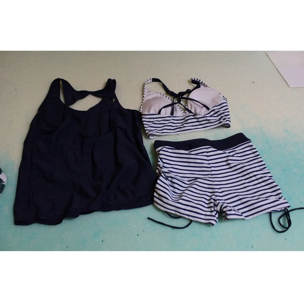 Yonique Womens 3 Piece Tankini Set Navy Blue Striped Bikini Boy Shorts Size M